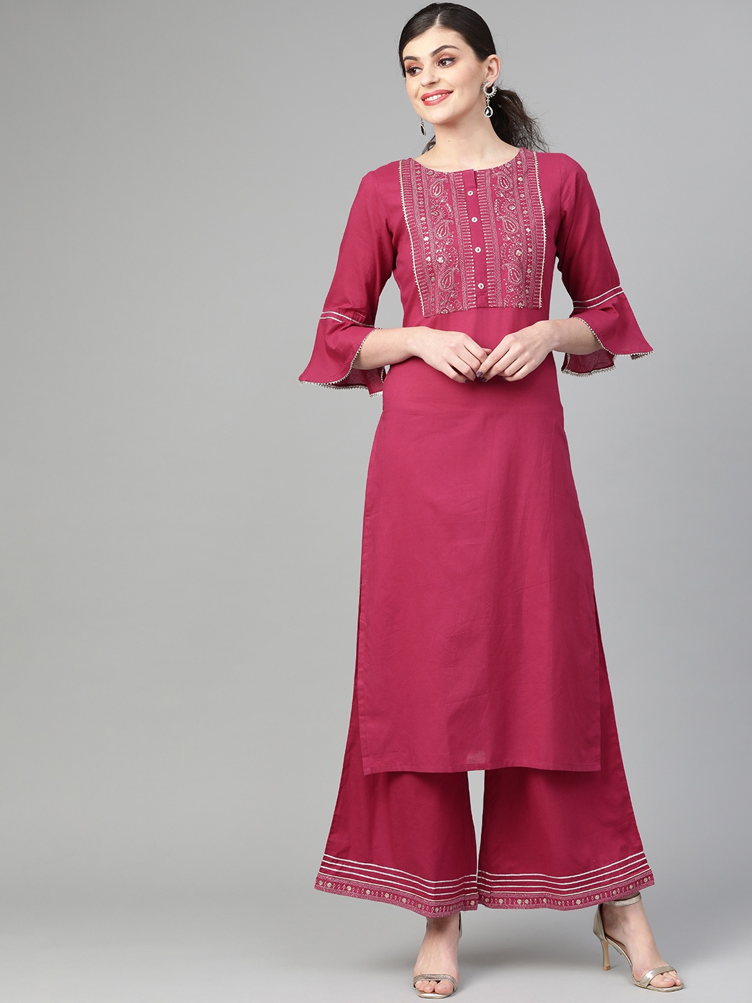 

Varanga Women Magenta& Silver Yoke Design Kurta with Palazzos