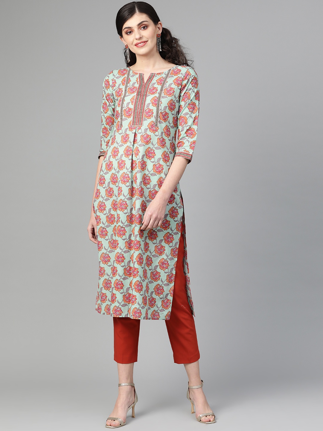 

Varanga Women Green & Pink Printed Straight Kurta