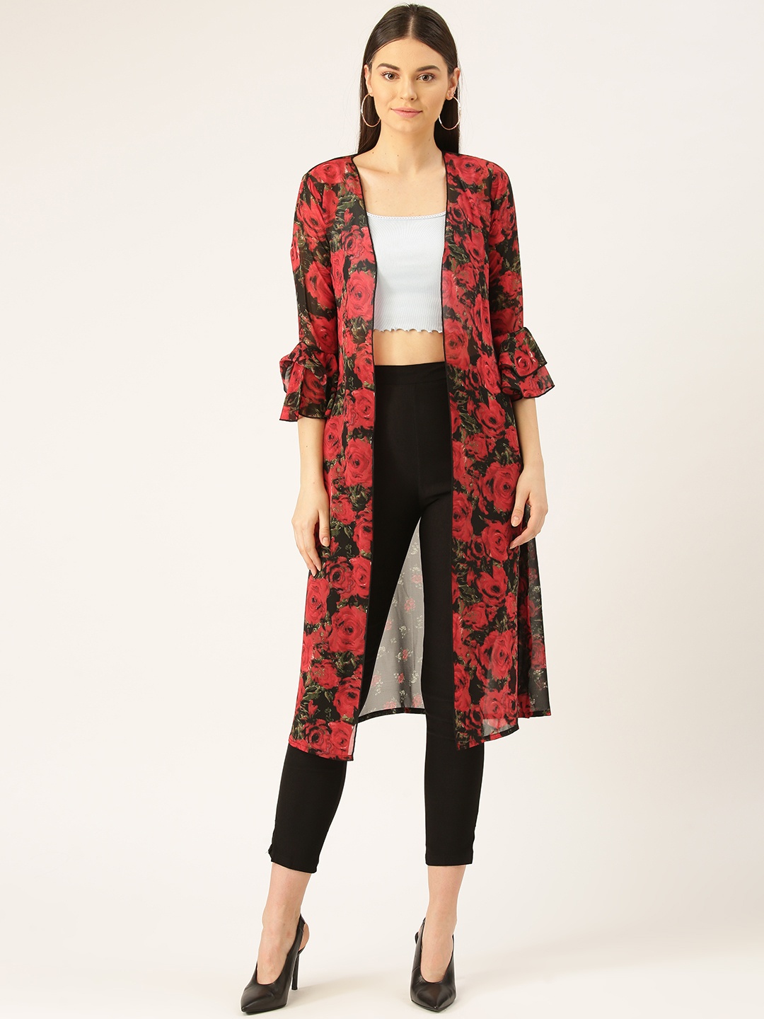 

WISSTLER Women Red & Black Printed Longline Sheer Open Front Shrug