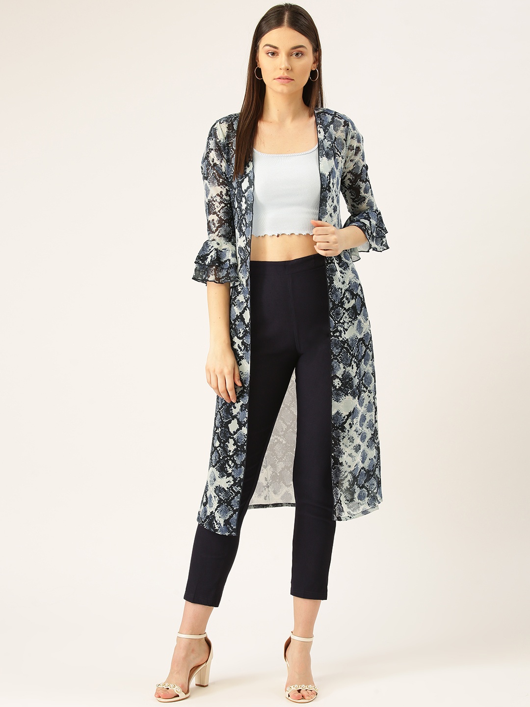 

WISSTLER Women Blue & Grey Snakeskin Print Longline Sheer Open Front Shrug