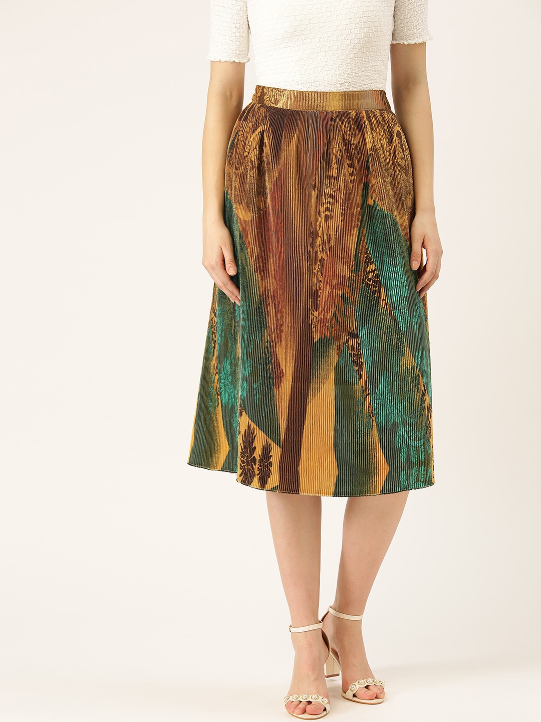 

WISSTLER Women Mustard Brown & Green Accordion Pleated Printed A-Line Skirt