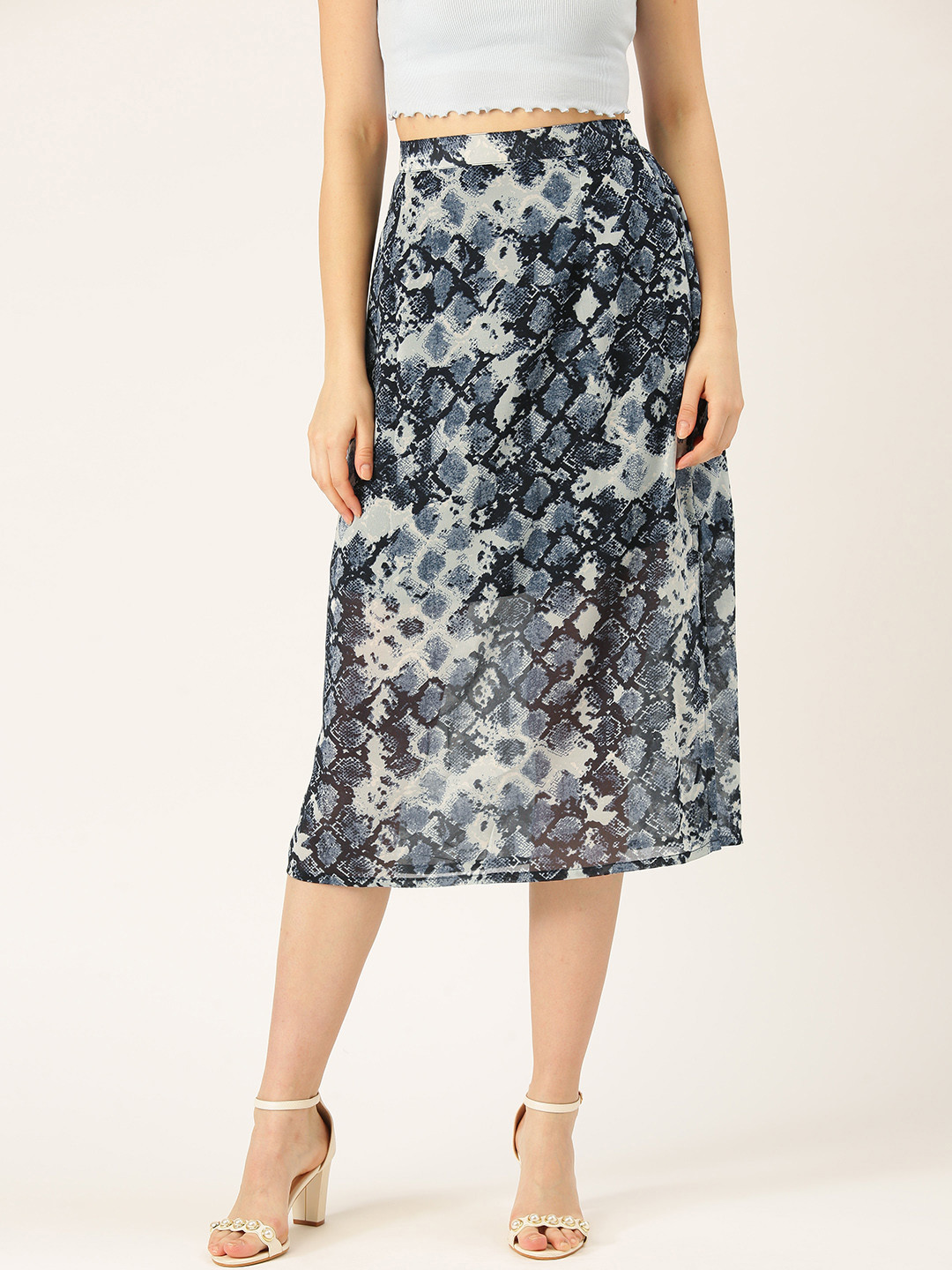 

WISSTLER Women Blue & Black Snake Printed Midi A-Line Skirt