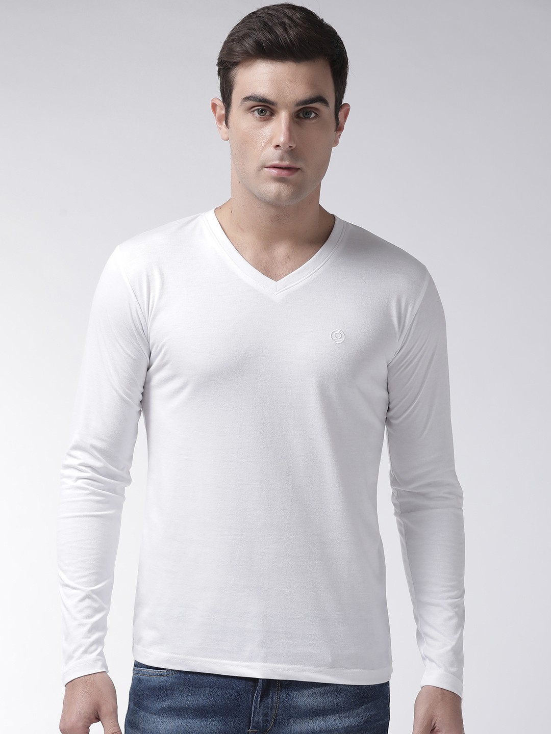 

CHKOKKO Men White Solid V-Neck T-shirt