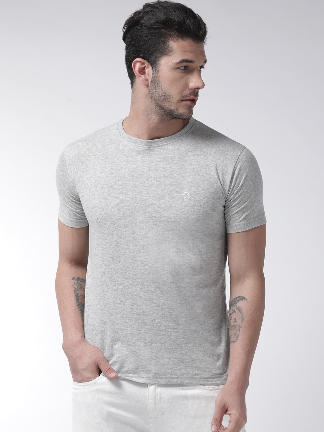 

Chkokko Men Grey Melange Solid Round Neck T-shirt