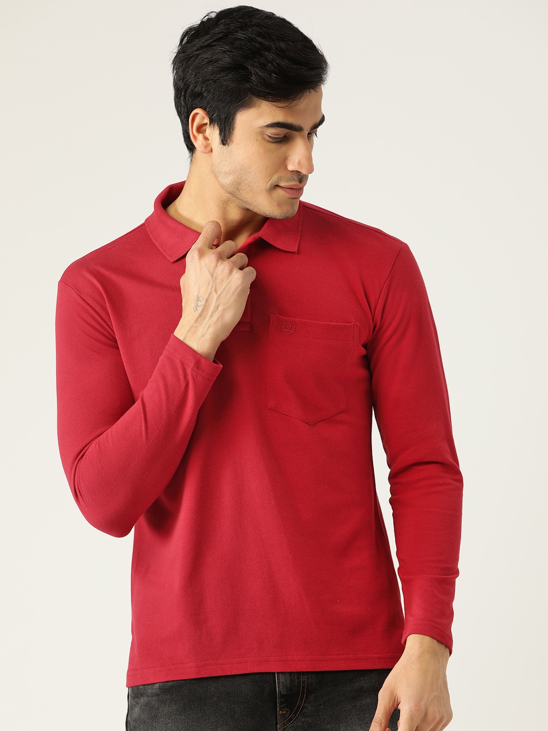 

CHKOKKO Men Red Solid Polo Collar T-shirt