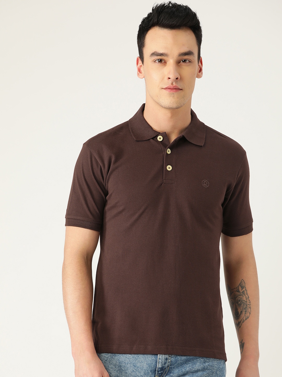 

CHKOKKO Men Coffee Brown Solid Polo Collar T-shirt