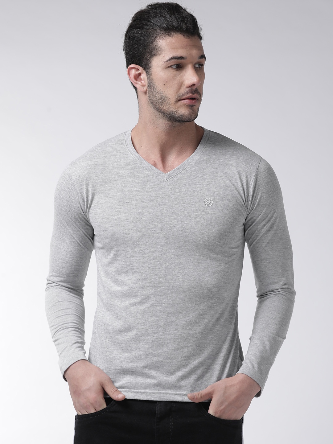 

CHKOKKO Men Grey Melange Solid V-Neck T-shirt