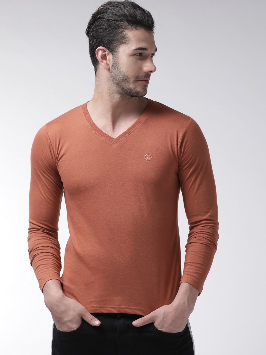 

CHKOKKO Men Rust Orange Solid V-Neck T-shirt