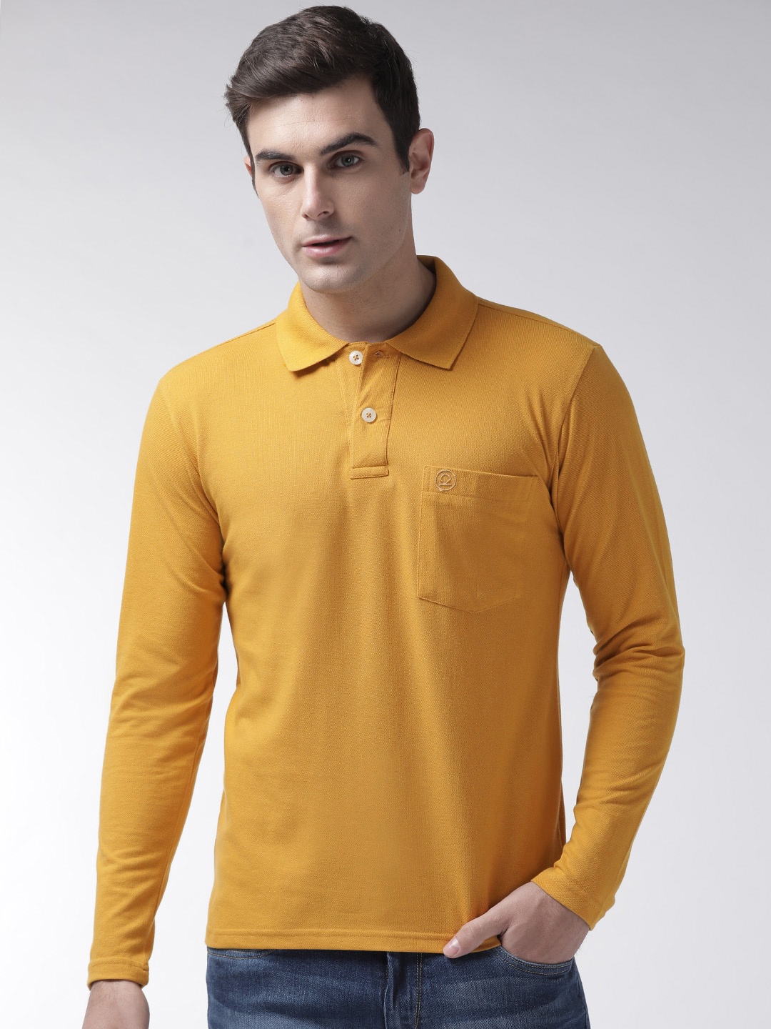 

CHKOKKO Men Mustard Yellow Solid Polo Collar T-shirt