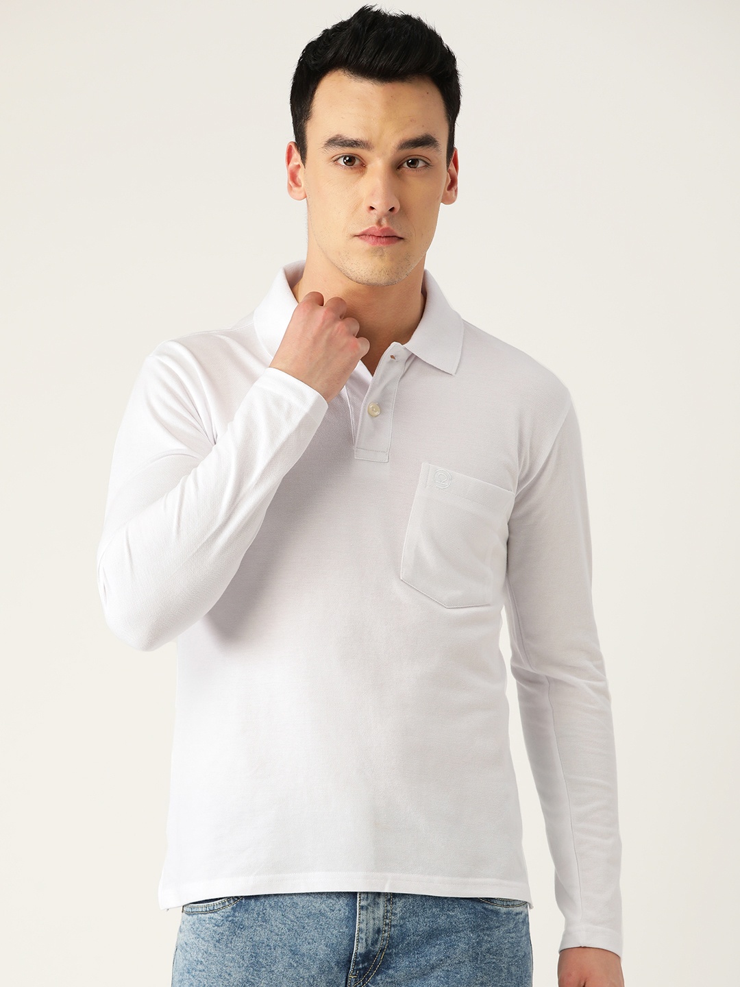 

CHKOKKO Men White Solid Polo Collar T-shirt