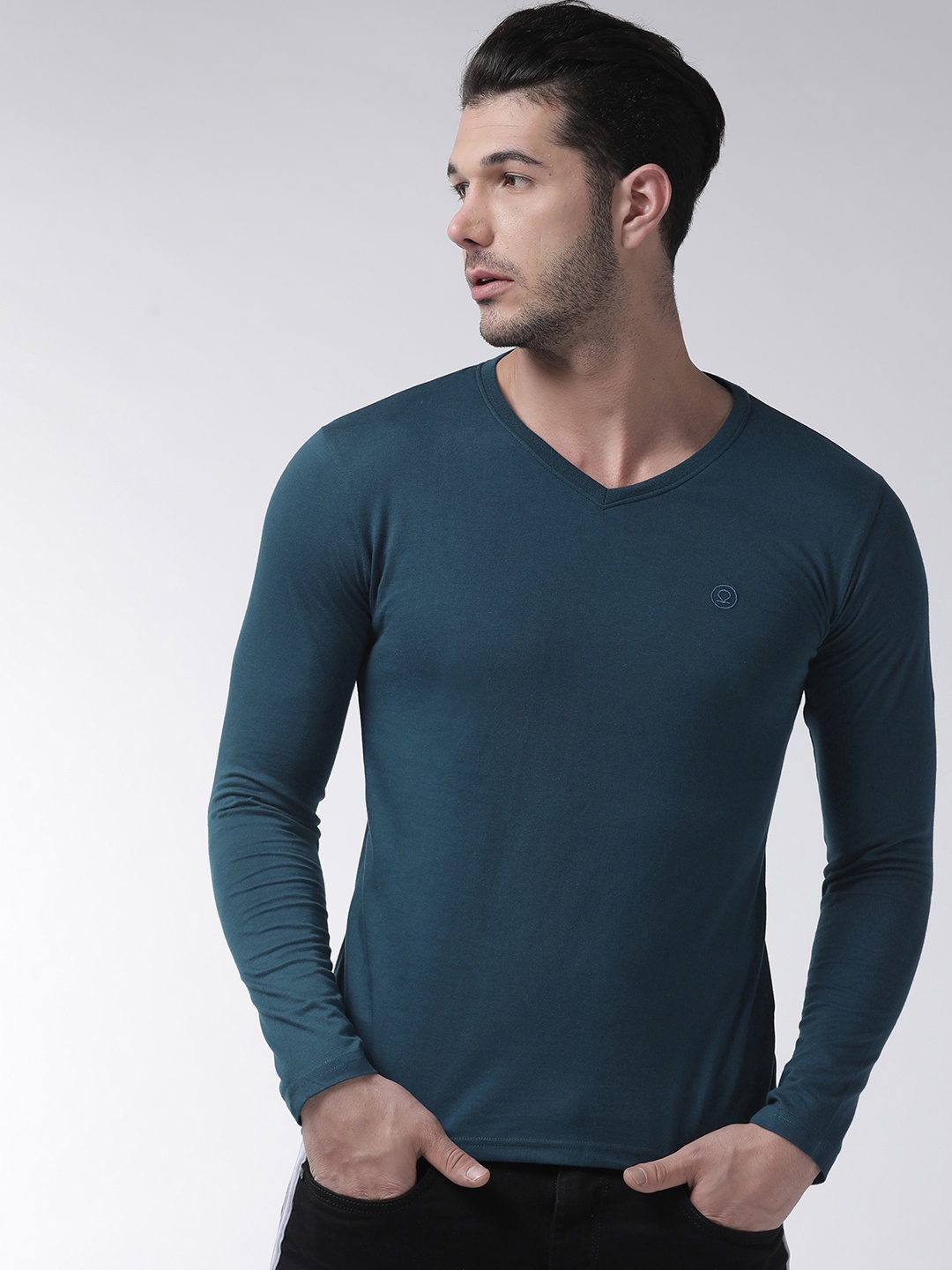 

CHKOKKO Men Teal Blue Solid V-Neck T-shirt