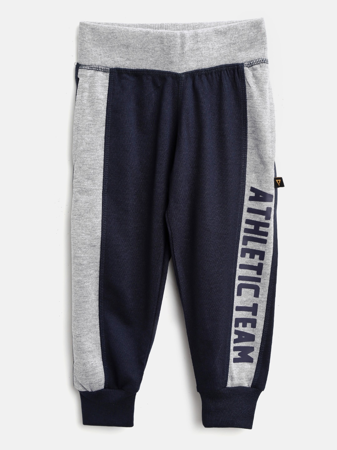 

PROTEENS Boys Navy Blue & Grey Melange Colourblocked Joggers with Printed Detail