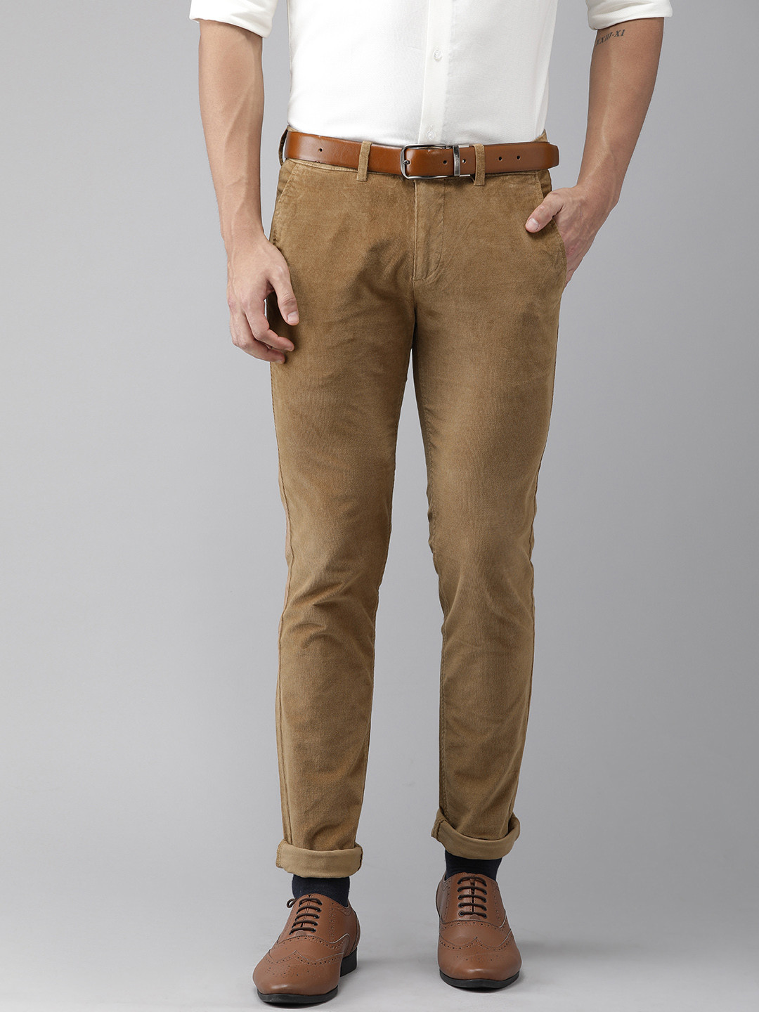 

Turtle Men Khaki Slider Fit Solid Corduroy Formal Trousers