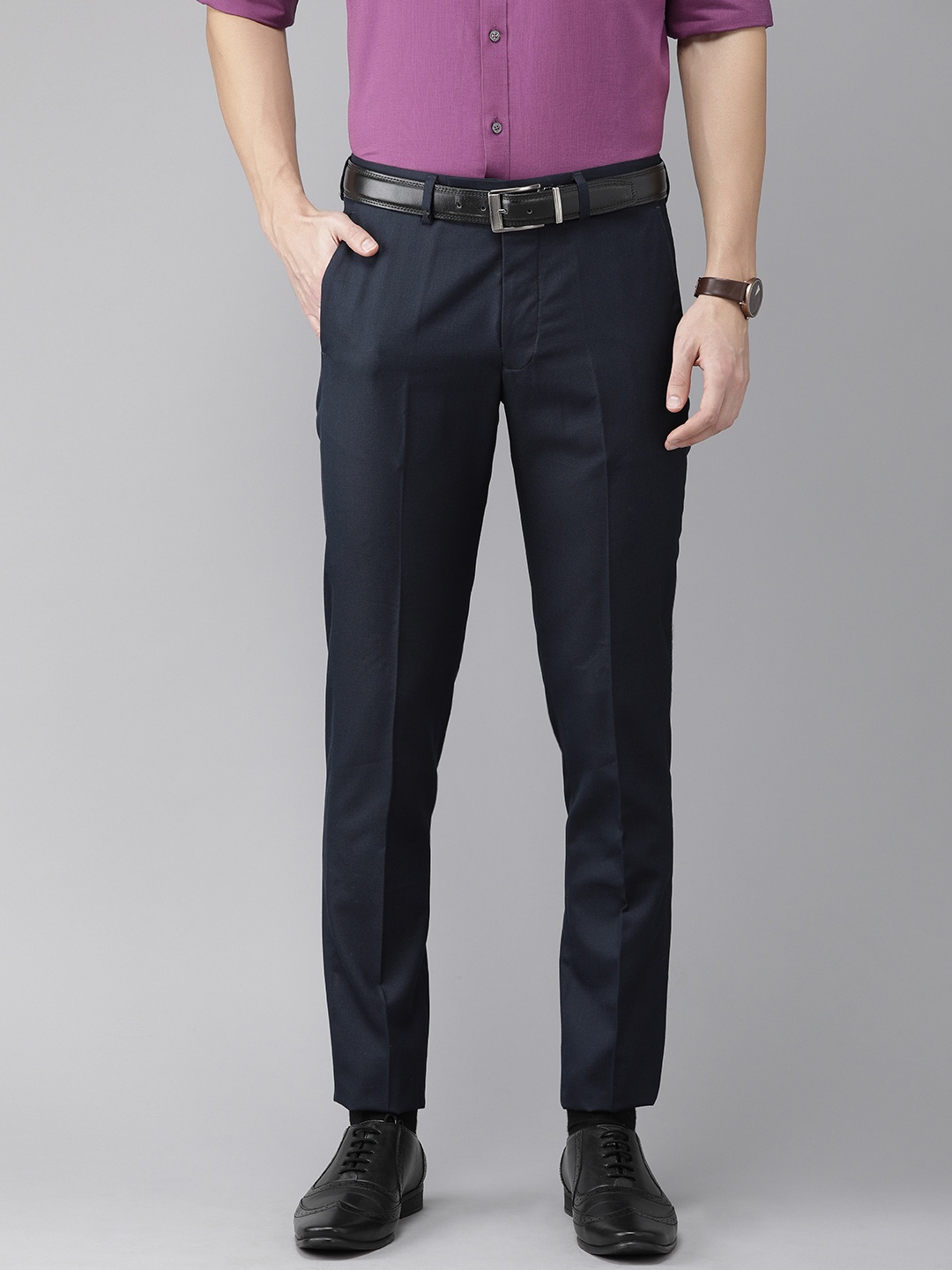 

Turtle Men Navy Blue Ultra Slim Fit Solid Formal Trousers