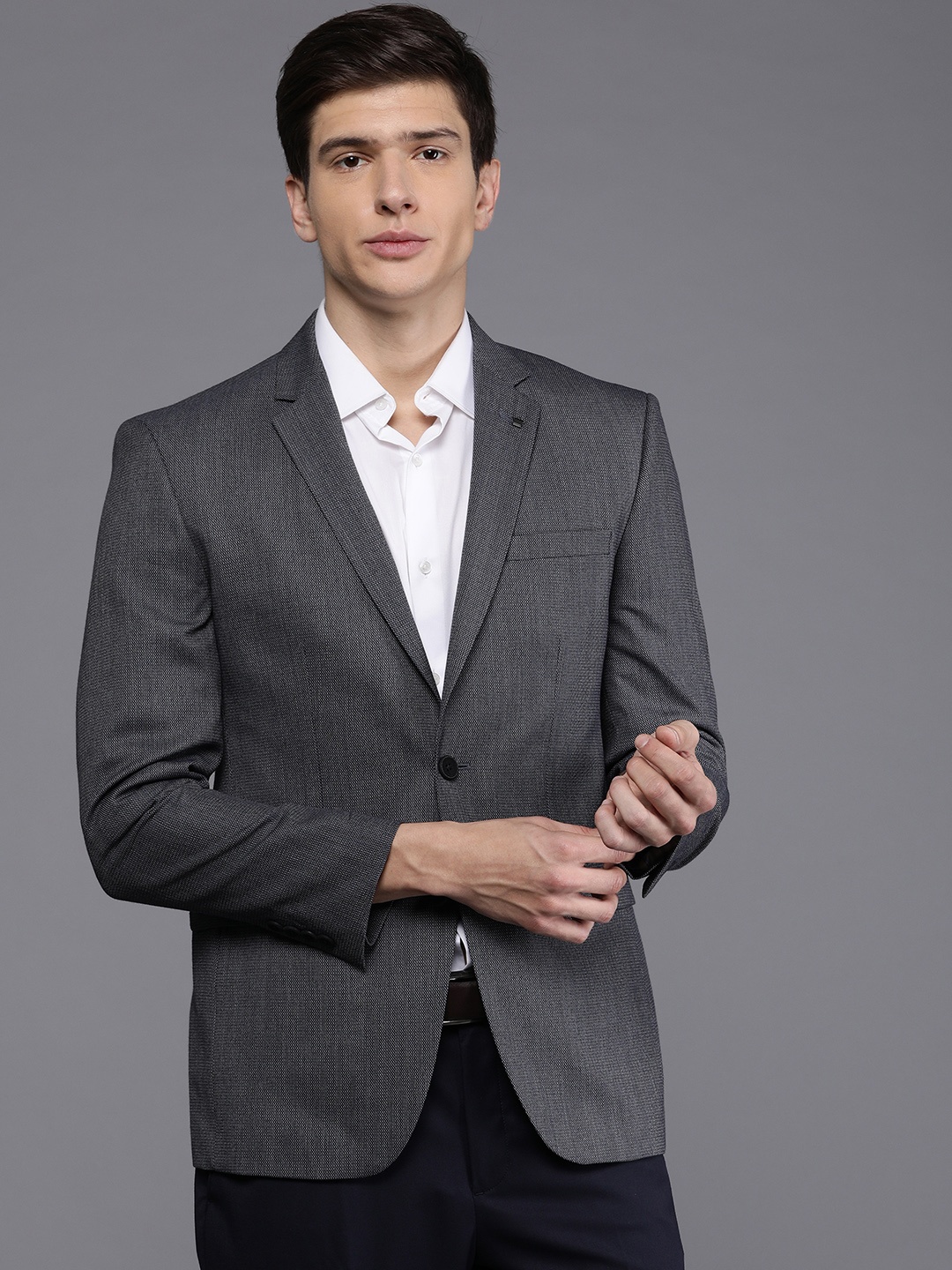 

Louis Philippe Men Navy Blue Self Design Slim Fit Single-Breasted Formal Blazer
