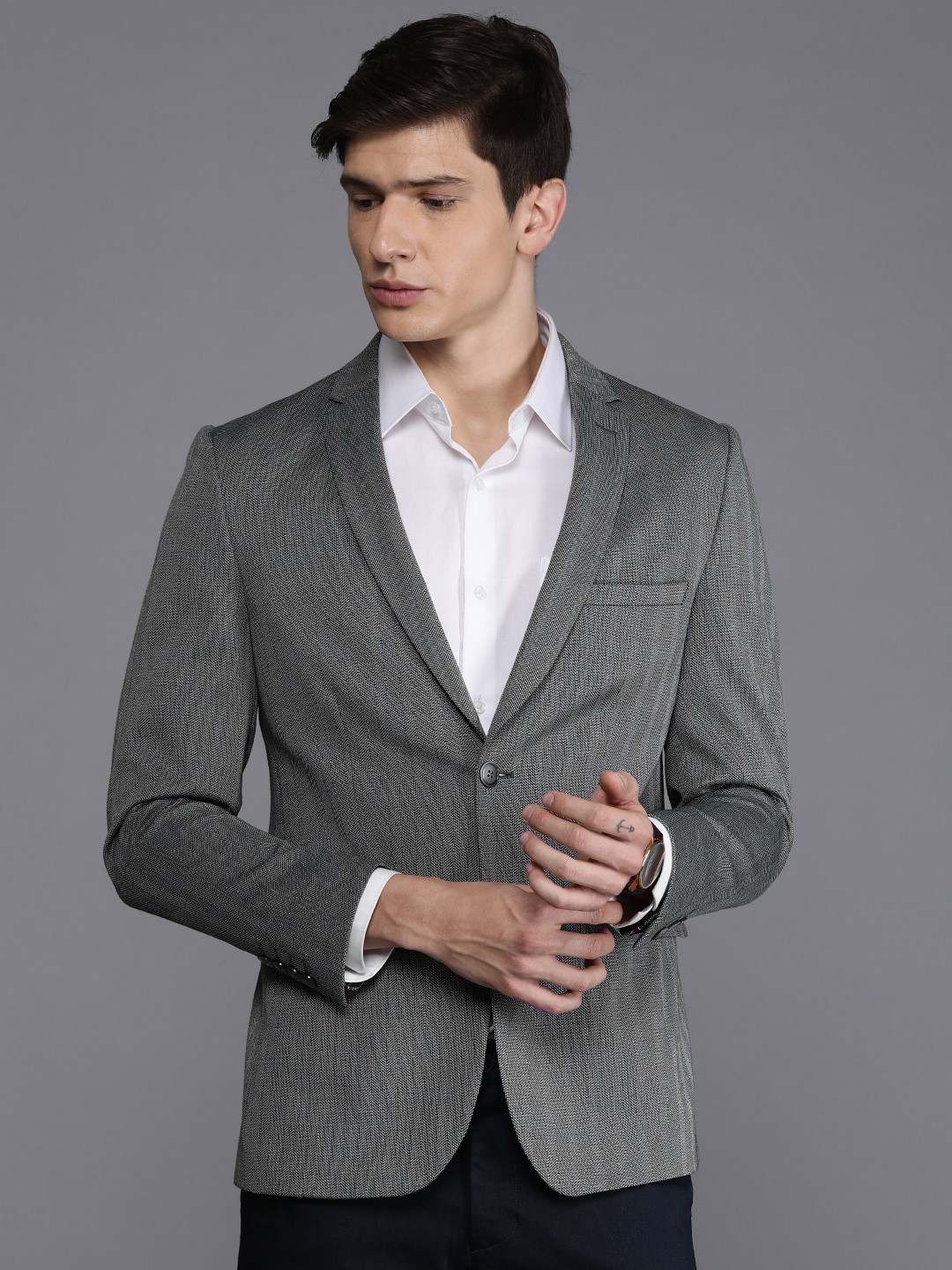 

Louis Philippe Sport Men Black & Grey Super Slim Fit Self Design Smart Casual Blazer