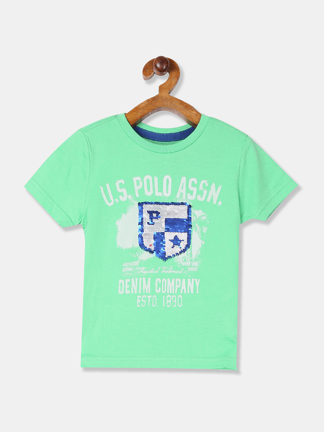 

U.S. Polo Assn. Kids Boys Green Printed Round Neck Flippy Sequinned T-shirt