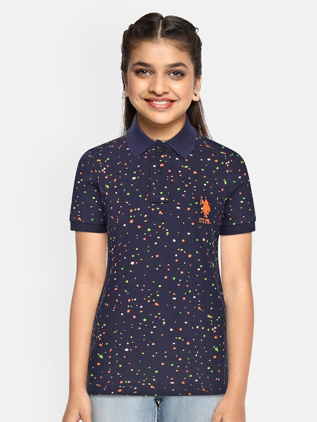 

U.S. Polo Assn. Kids Boys Navy Blue Green Abstract Print Pure Cotton Polo Collar Pure Cotton T-shirt