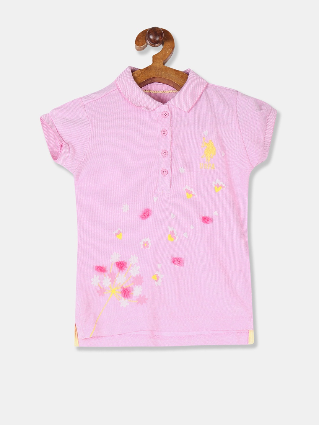 

U.S. Polo Assn. Kids Girls Pink & Yellow Floral Printed Polo Collar T-shirt
