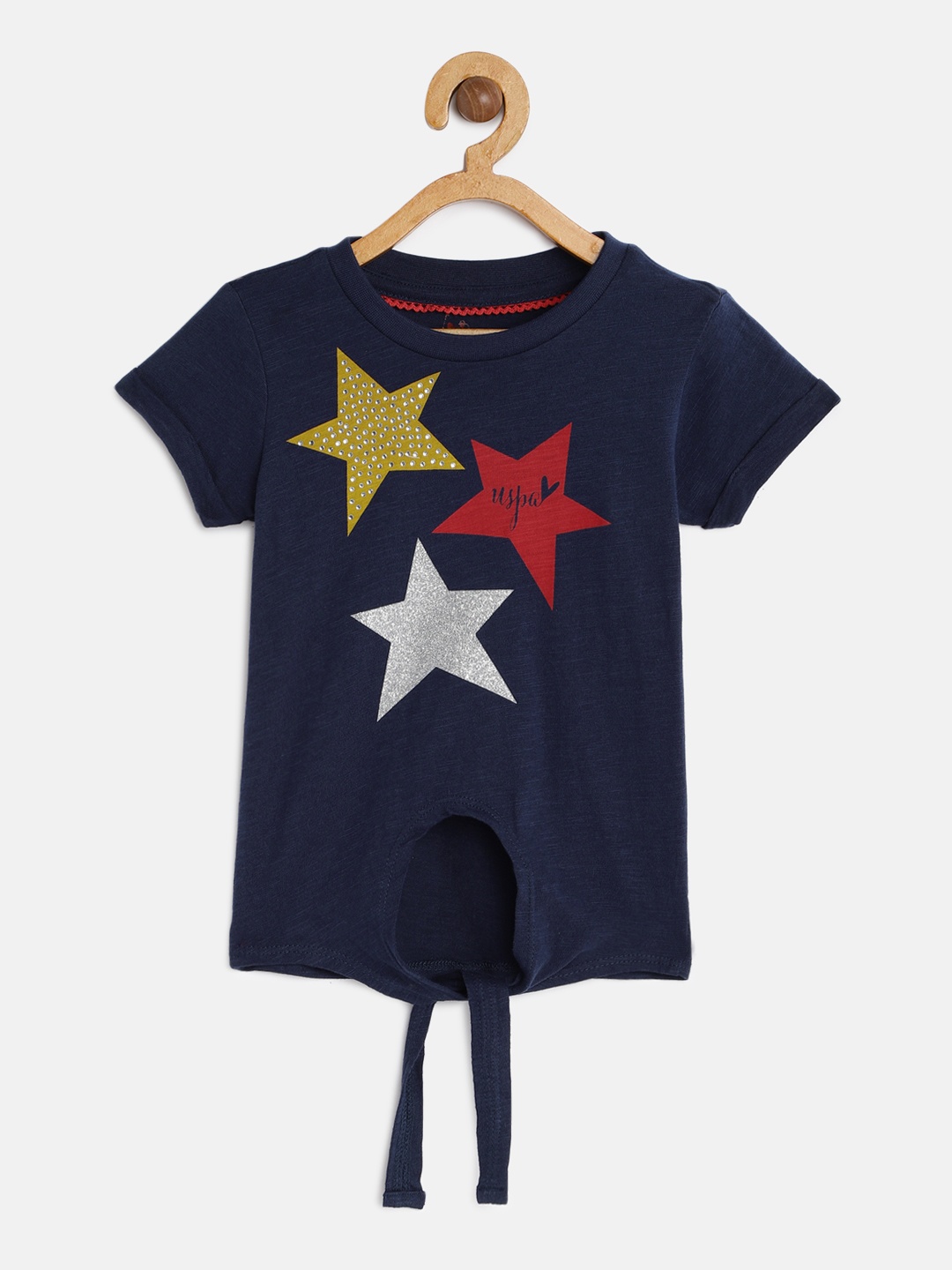 

U.S. Polo Assn. Kids Girls Navy Blue Printed Round Neck T-shirt