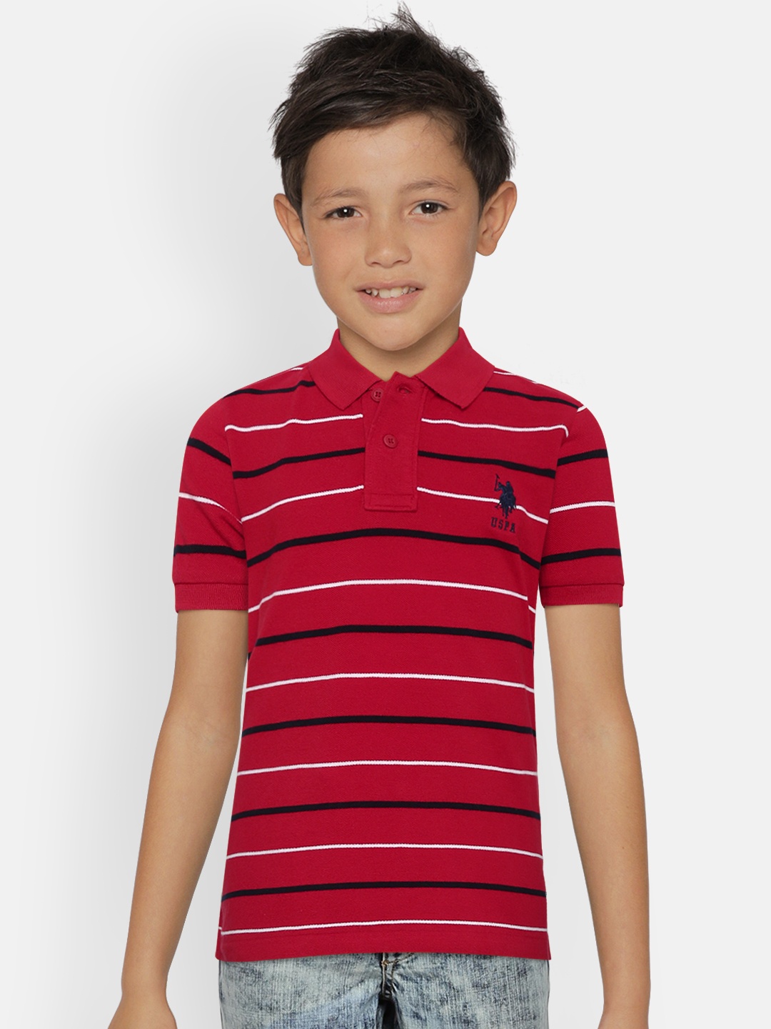 

U.S. Polo Assn. Kids Boys Red & Navy Striped Polo Collar T-shirt