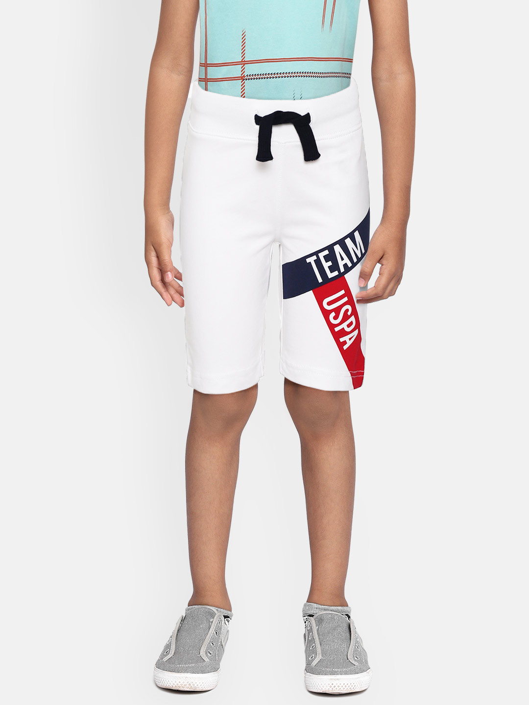 

U.S. Polo Assn. Kids Boys White & Navy Typography Printed Cotton Mid-Rise Shorts