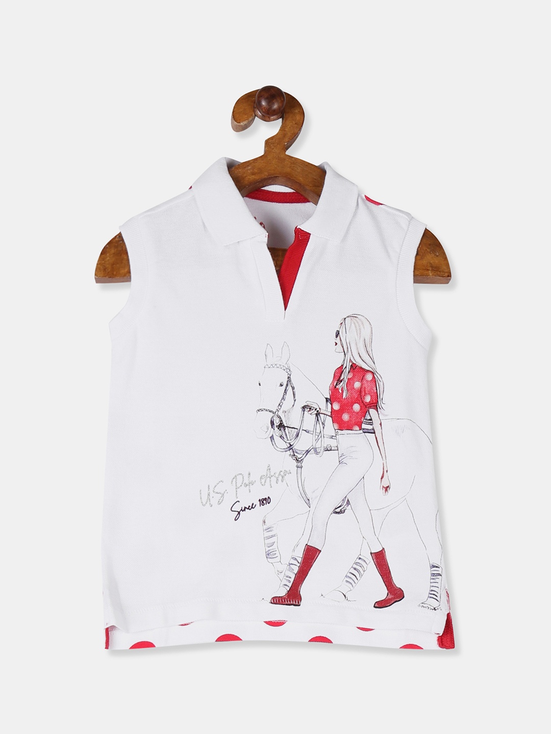 

U.S. Polo Assn. Kids Girls White Printed Polo Collar Sleeveless T-shirt