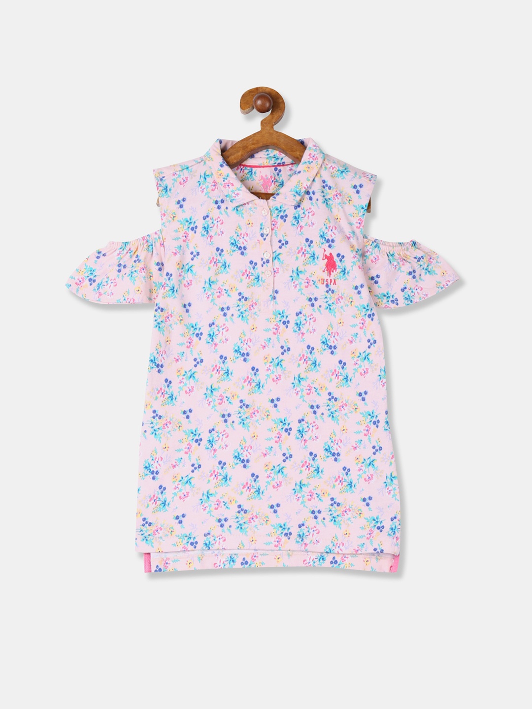 

U.S. Polo Assn. Kids Girls Pink & Blue Printed Shirt Style Pure Cotton Top