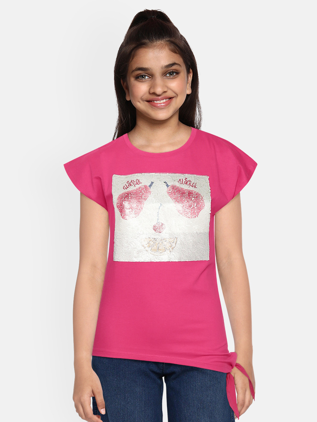 

U.S. Polo Assn. Kids Girls Pink Flip-Sequinned Extended Sleeves Pure Cotton Tie-Up Top