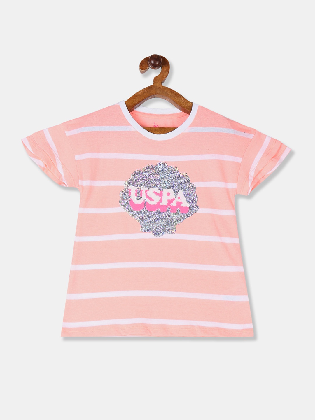 

U.S. Polo Assn. Kids Girls Peach-Coloured Striped Round Neck T-shirt