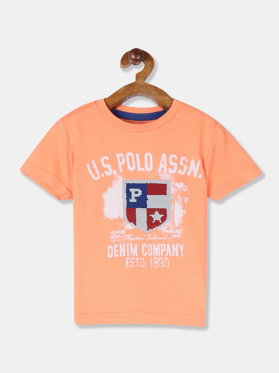 

U.S. Polo Assn. Kids Boys Peach-Coloured Printed Round Neck Flippy Sequinned T-shirt