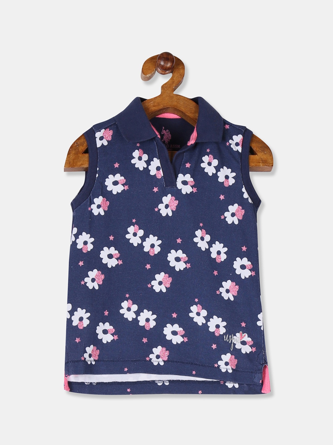 

U.S. Polo Assn. Kids Girls Navy Blue Printed Polo Collar Sleeveless T-shirt