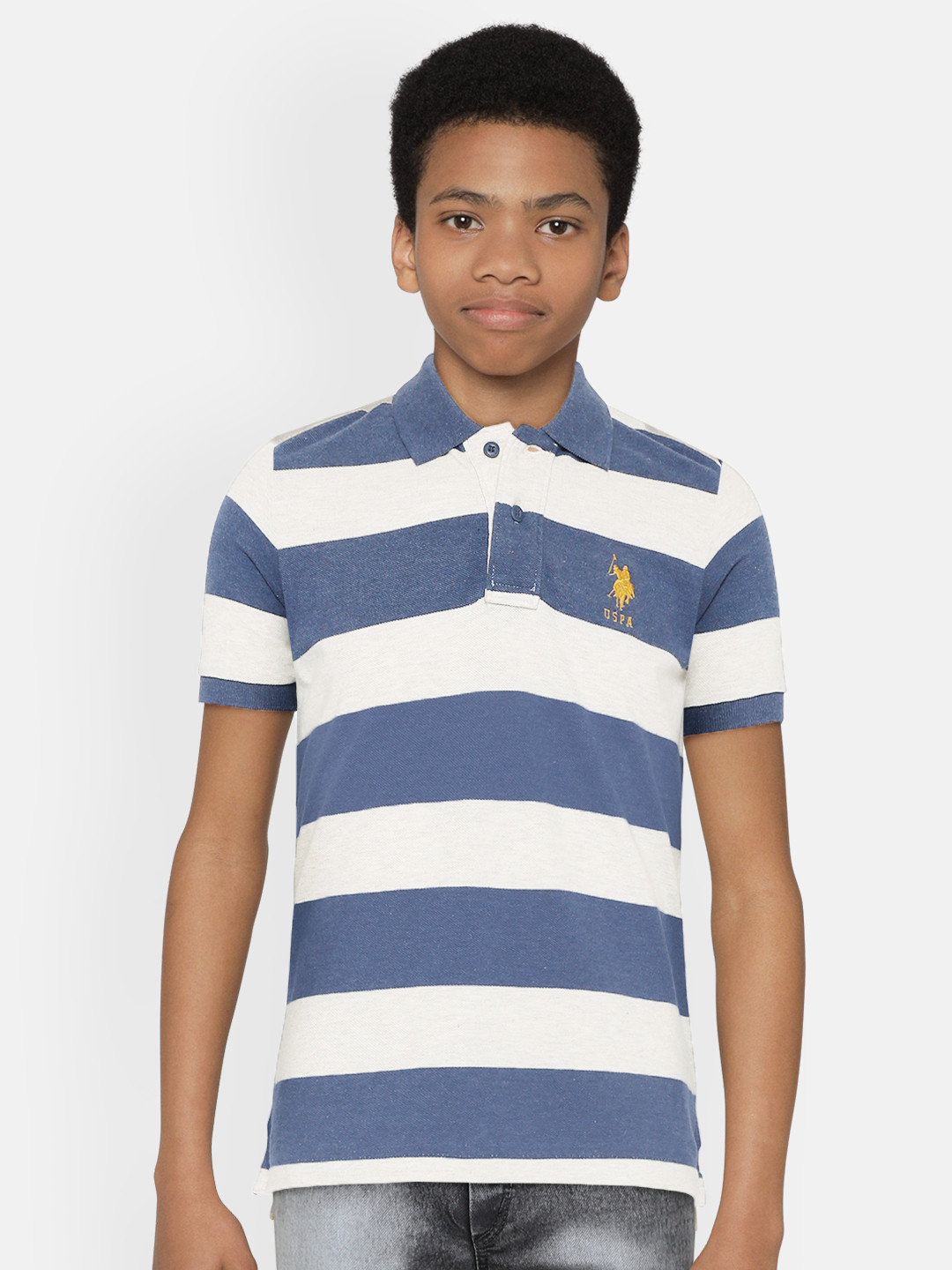 

U S Polo Assn Kids Boys Navy Blue White Striped Pure Collar Polo Collar Pure Cotton T-shirt
