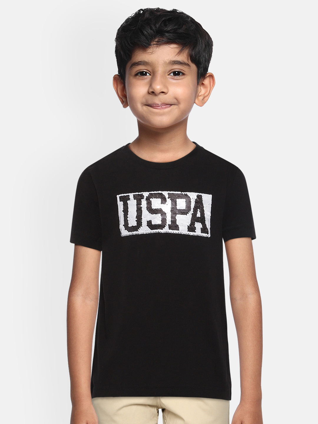 

U.S. Polo Assn. Kids Boys Black Sequinned Round Neck Pure Cotton T-shirt