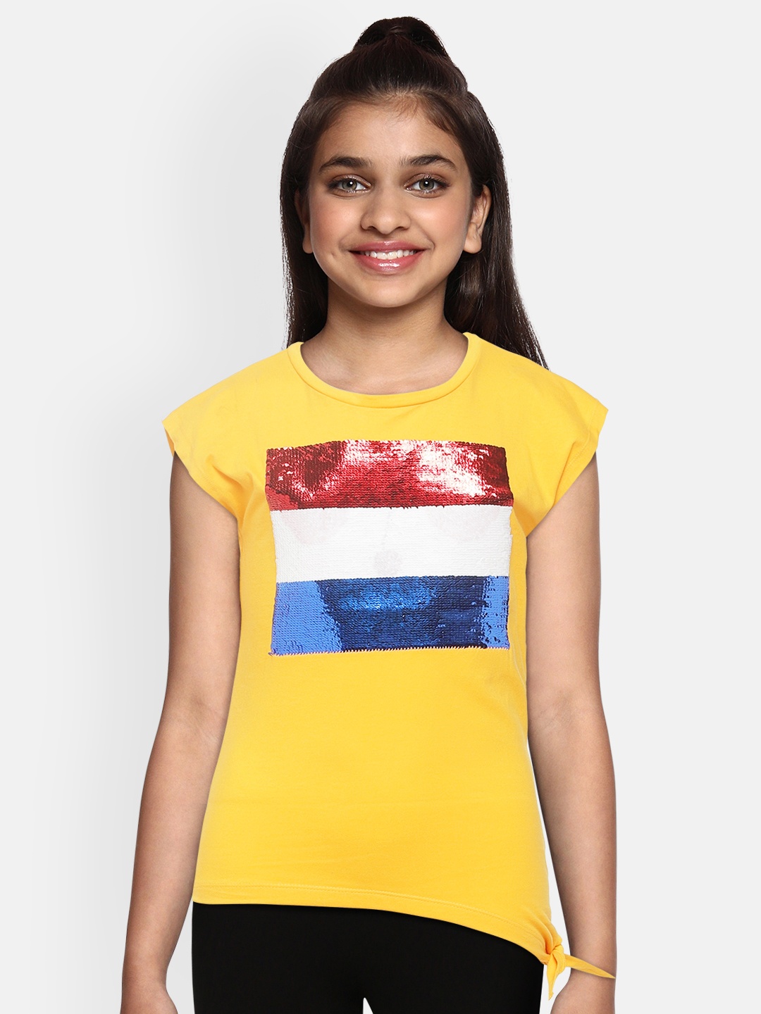 

U.S. Polo Assn. Kids Girls Yellow Flip Sequin Embellished Pure Cotton Top