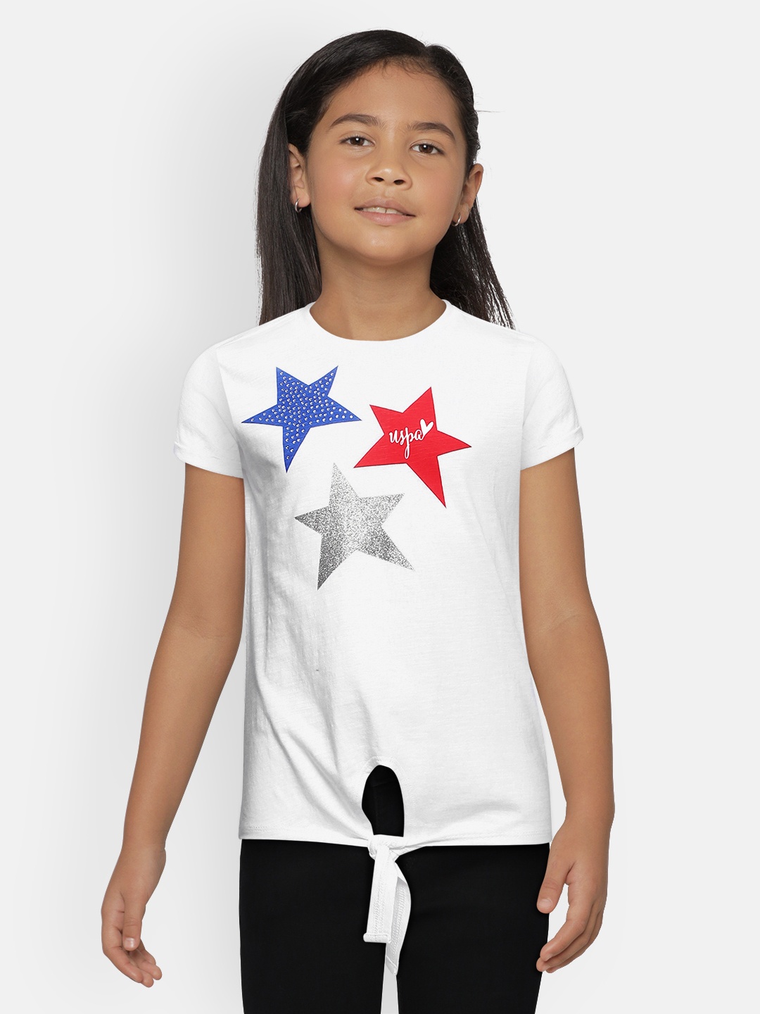 

U.S. Polo Assn. Kids Girls White Printed Round Neck Cotton T-shirt