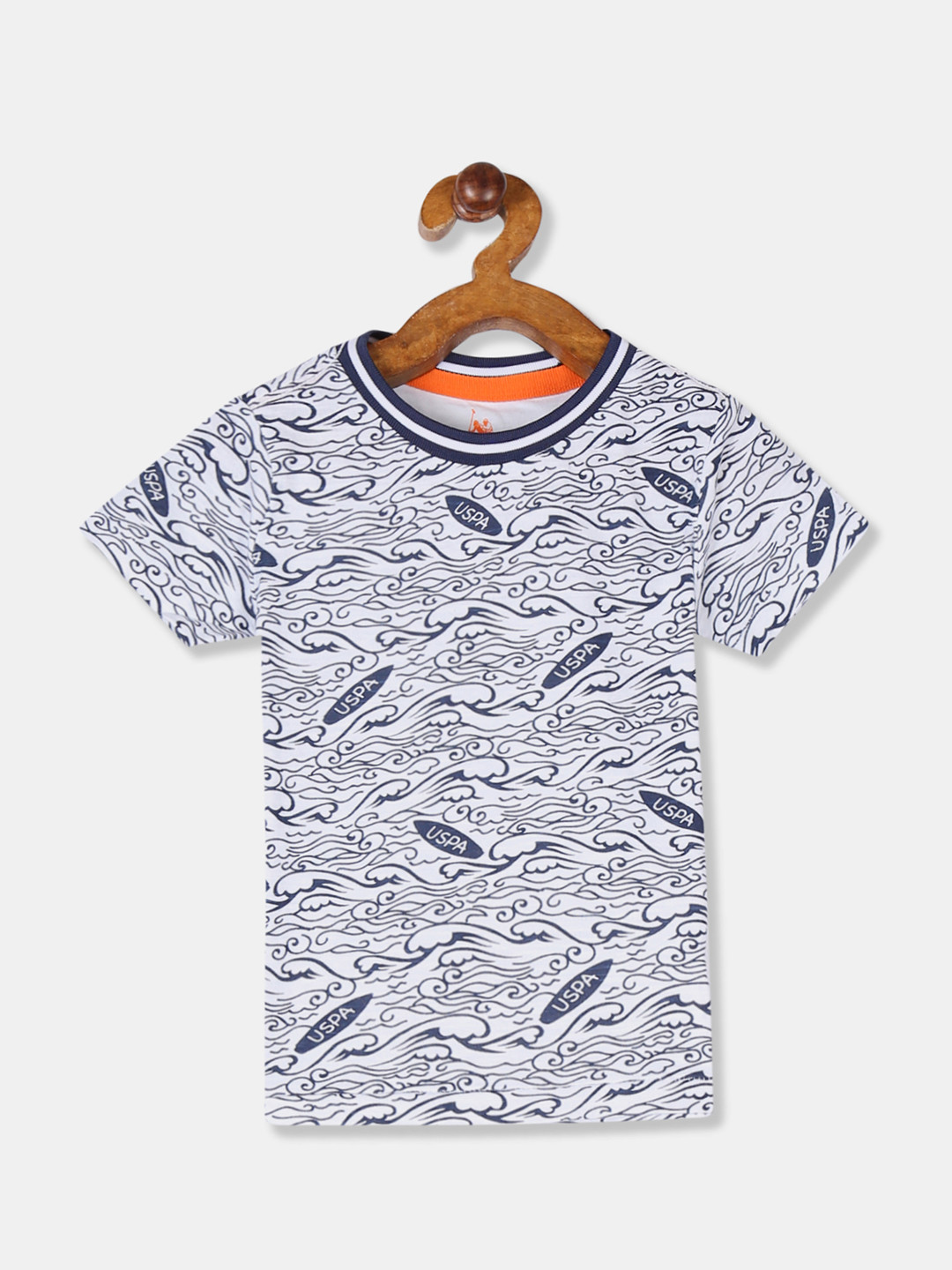 

U.S. Polo Assn. Kids Boys White & Navy Blue Printed Round Neck T-shirt