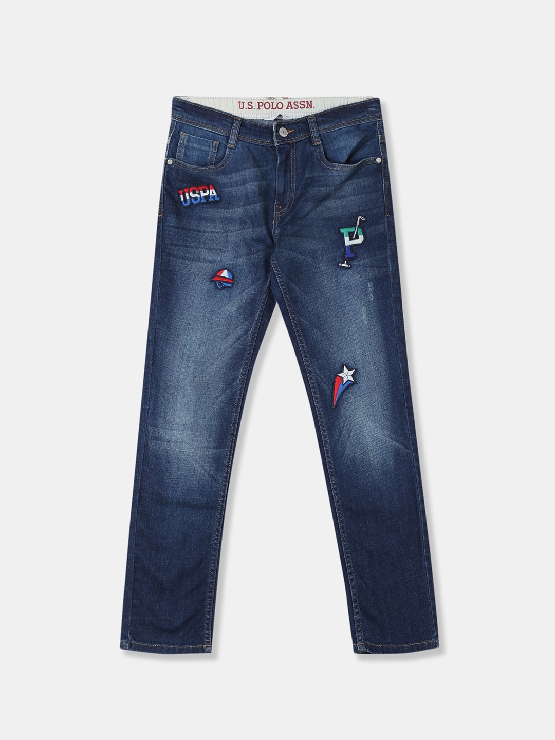 

U.S. Polo Assn. Kids Boys Blue Embroidered Skinny Fit Mid-Rise Clean Look Jeans