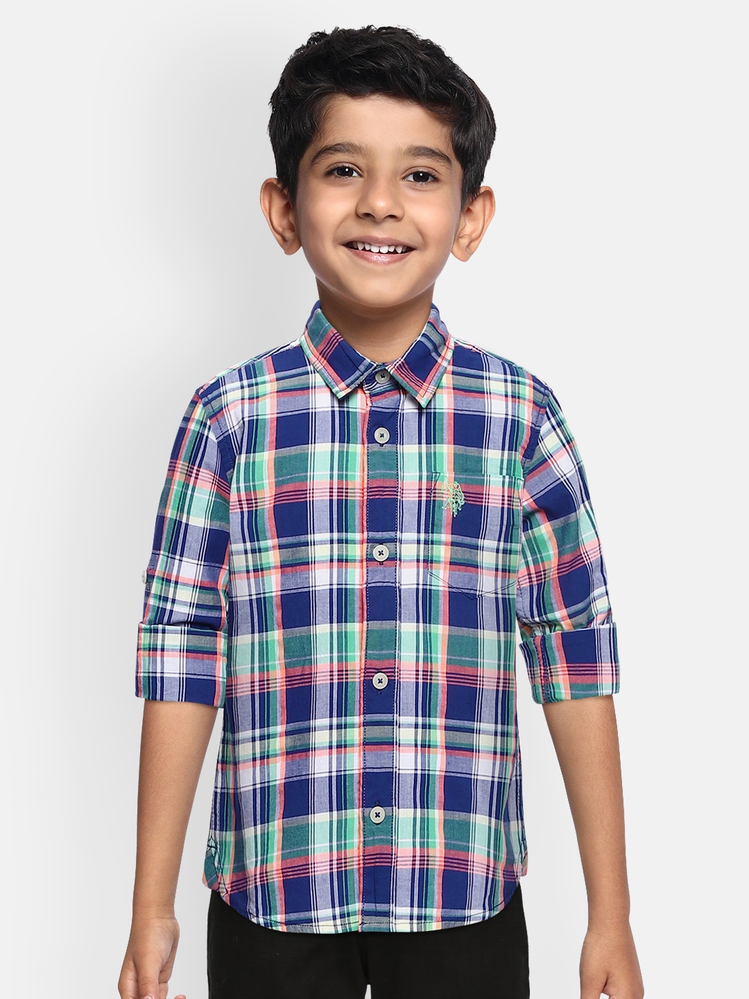 

U.S. Polo Assn. Kids Boys Blue & Green Regular Fit Checked Casual Shirt