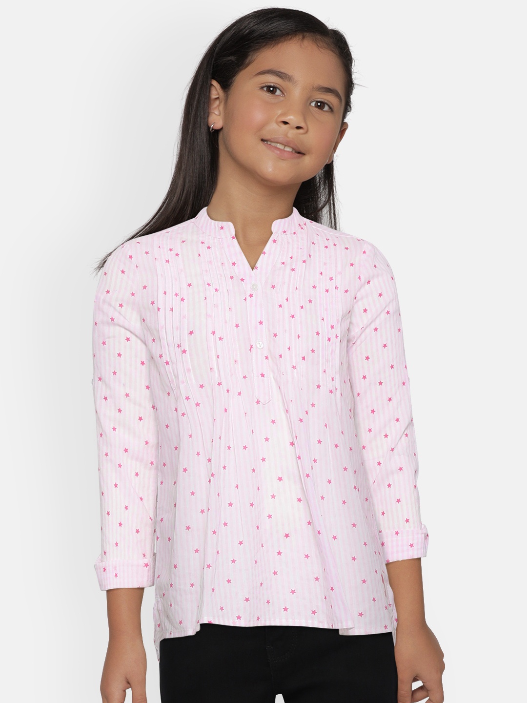 

U.S. Polo Assn. Kids Girls Off-White & Pink Regular Fit Printed Casual Shirt