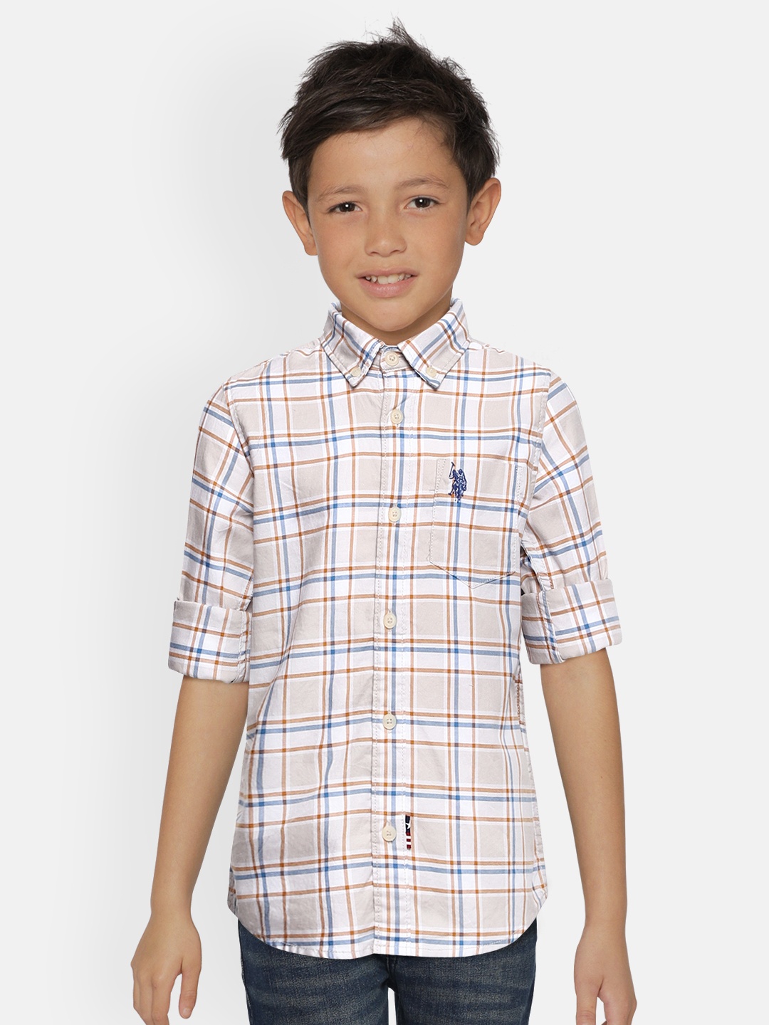 

U.S. Polo Assn. Kids Boys Cream-Coloured & White Regular Fit Checked Casual Shirt