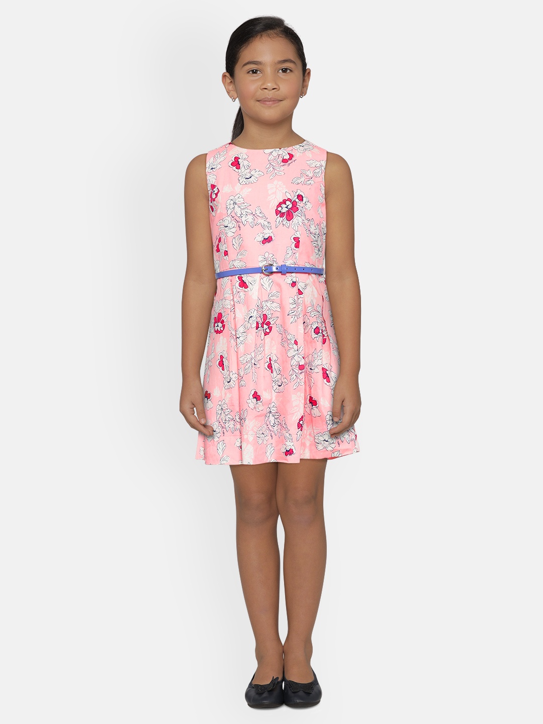 

U.S. Polo Assn. Kids Girls Peach-Coloured & White Floral Printed Fit & Flare Dress