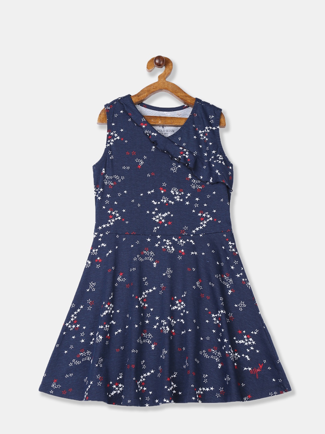 

U.S. Polo Assn. Kids Girls Navy Blue & White Printed Fit and Flare Dress