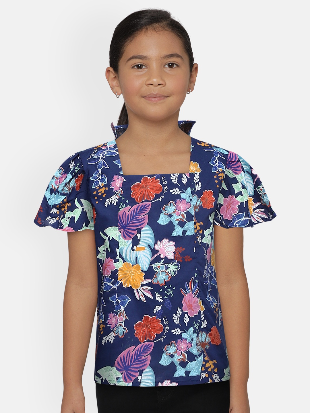 

U.S. Polo Assn. Kids Girls Navy Blue & Multicoloured Printed Pure Cotton Top