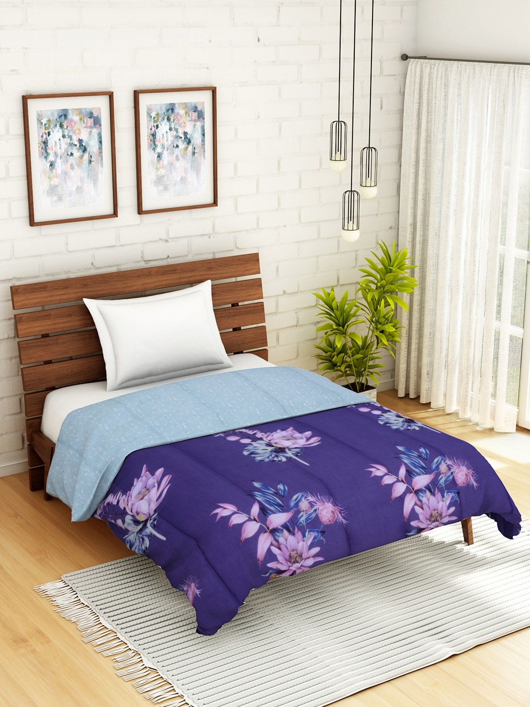 

WELHOME Navy Blue & Pink Floral AC Room 110 GSM Single Bed Quilt