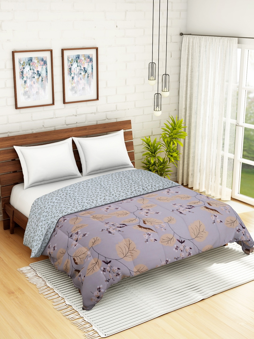 

WELHOME Beige & Maroon Floral AC Room 110 GSM Double Bed Quilt