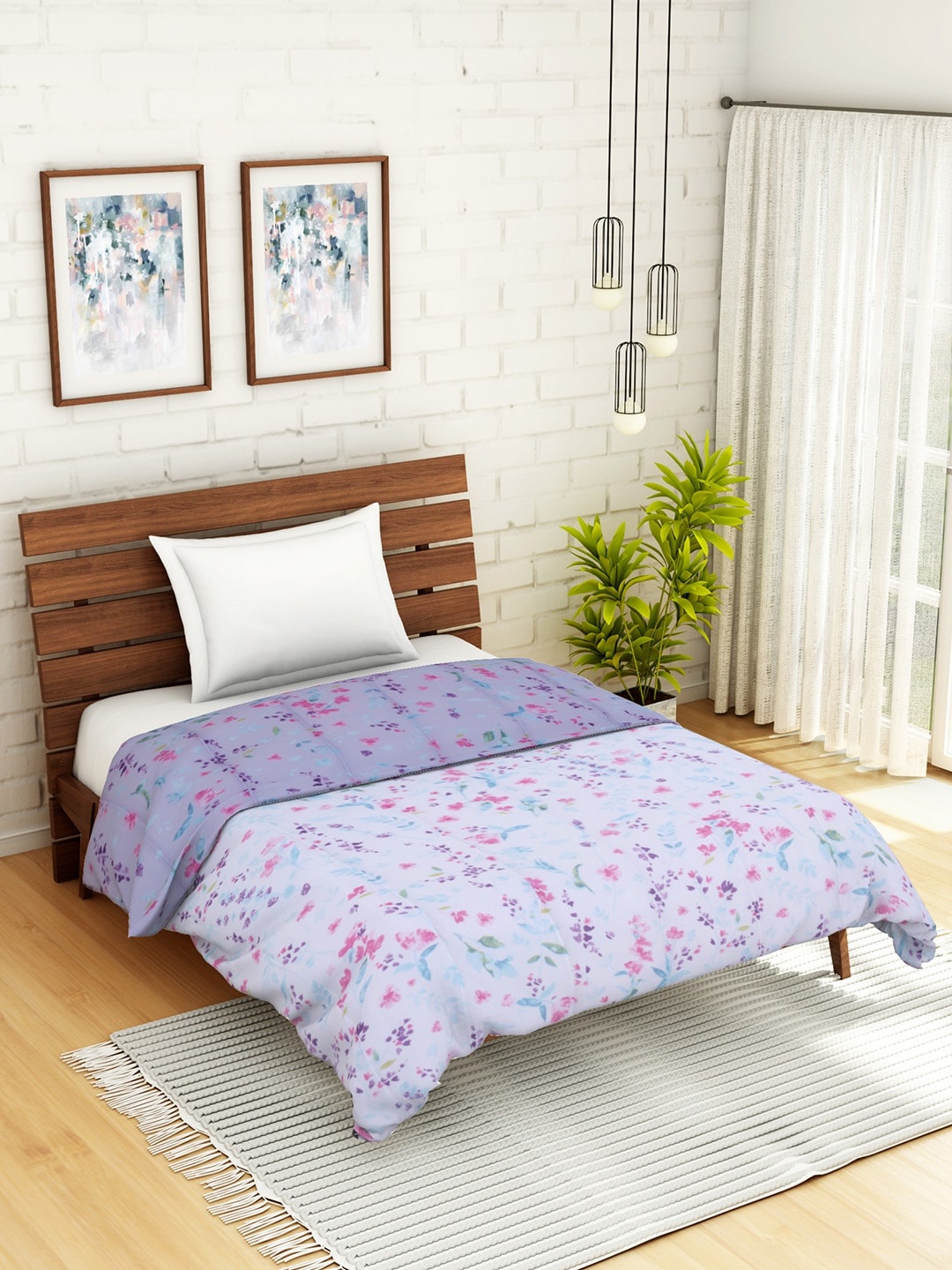 

WELHOME Blue & Pink Floral AC Room 110 GSM Single Bed Quilt