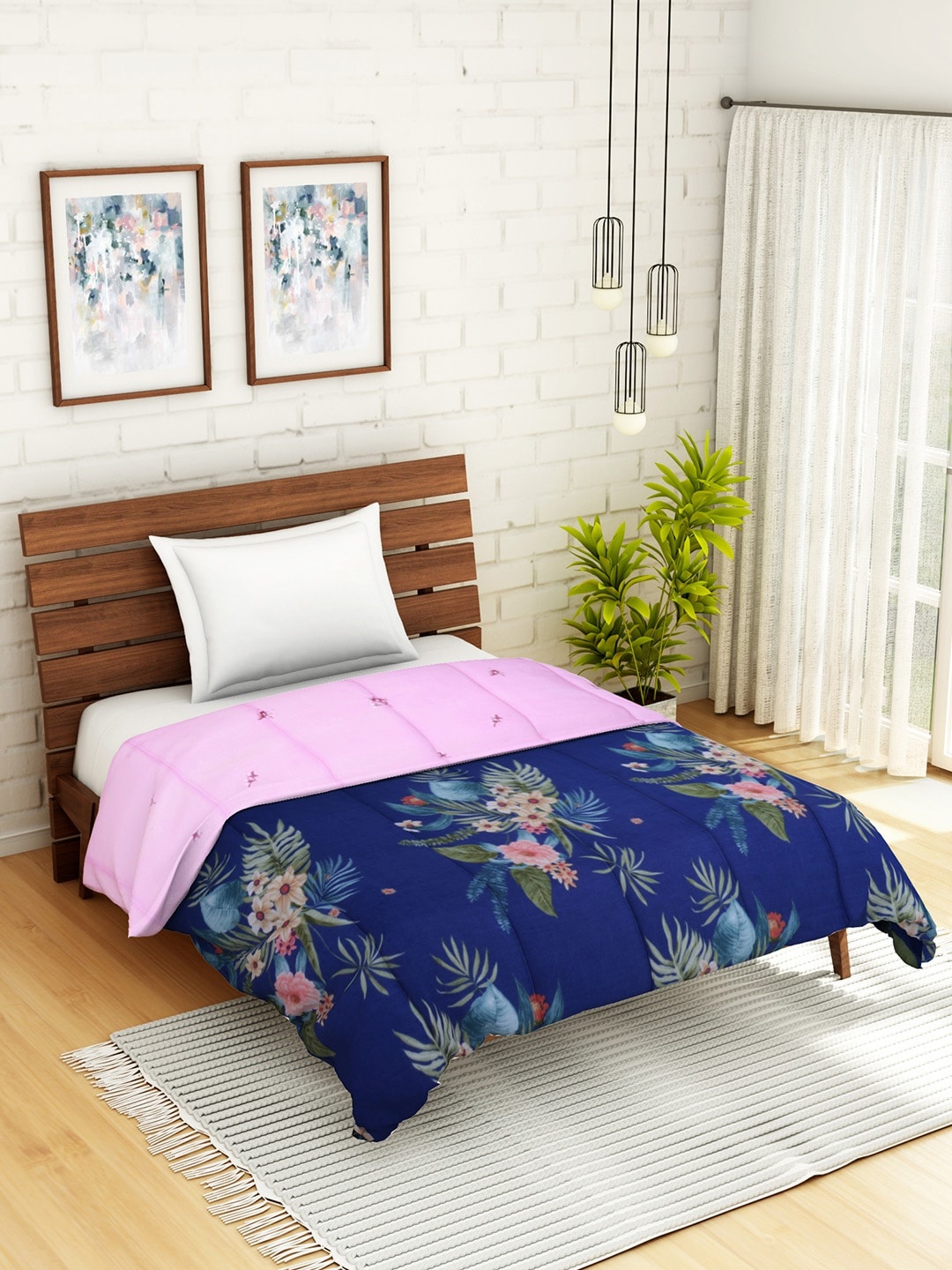 

WELHOME Blue & Green Floral AC Room 110 GSM Single Bed Quilt