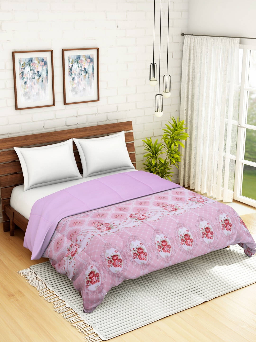 

WELHOME Pink & White Floral AC Room 110 GSM Double Bed Quilt