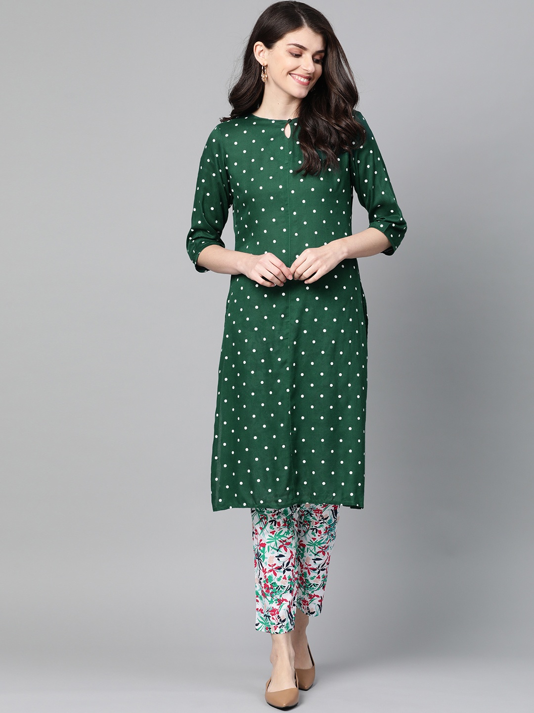 

HERE&NOW Women Green & White Printed Kurta with Trousers